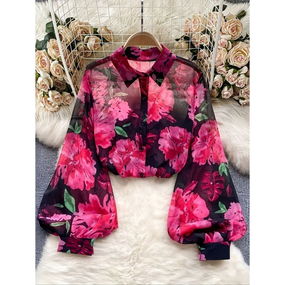 Vibrant Sheet Pink Floral Blooms Button-Up Blouse